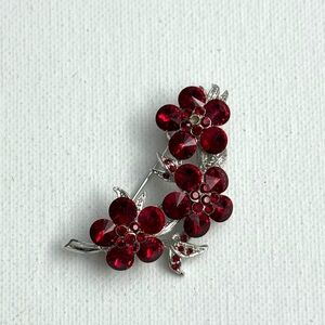 Red Crystal Floral Brooch with Silver-tone Accents